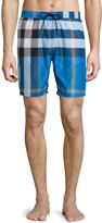 Thumbnail for your product : Burberry Mid-Length Check Swim Trunks, Cerulean Blue