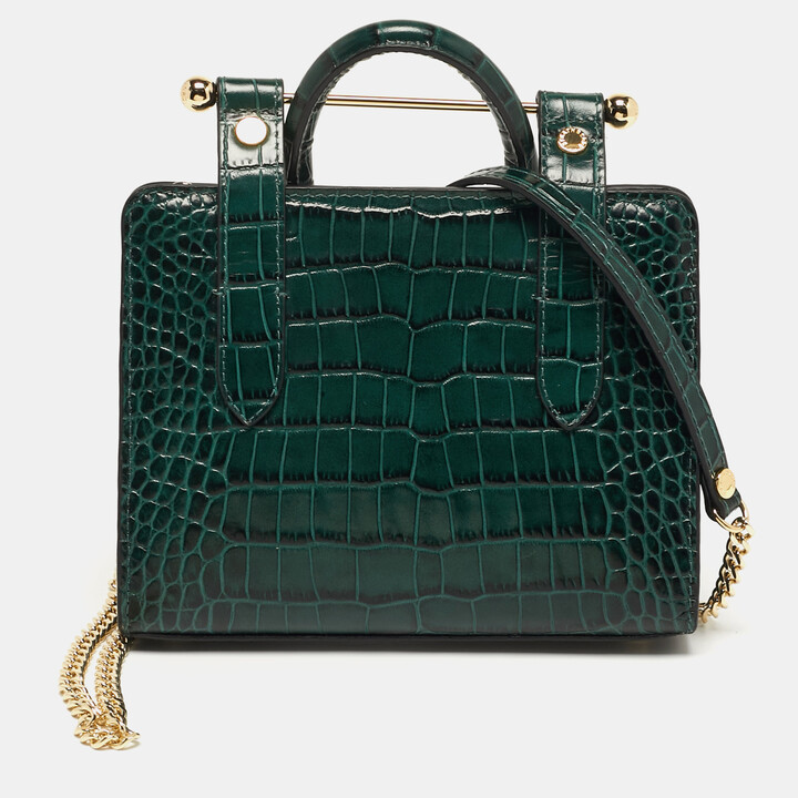 Strathberry Midi Nano Green Croc Embossed Leather Tote