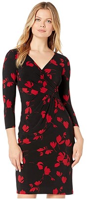 Lauren Ralph Lauren Printed Matte Jersey Cleora Long Sleeve Day Dress (Black/Scarlet Red) Women's Clothing