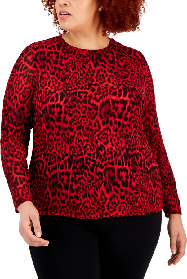 INC International Concepts Plus Size AnimalPrint Mesh LongSleeve Top