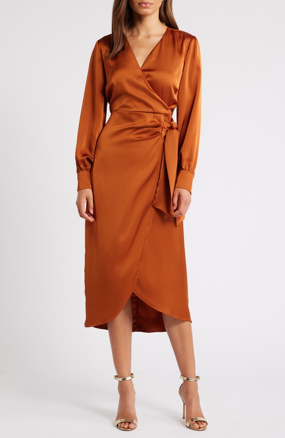 Sam Edelman Fluid Long Sleeve Satin Faux Wrap Midi Dress