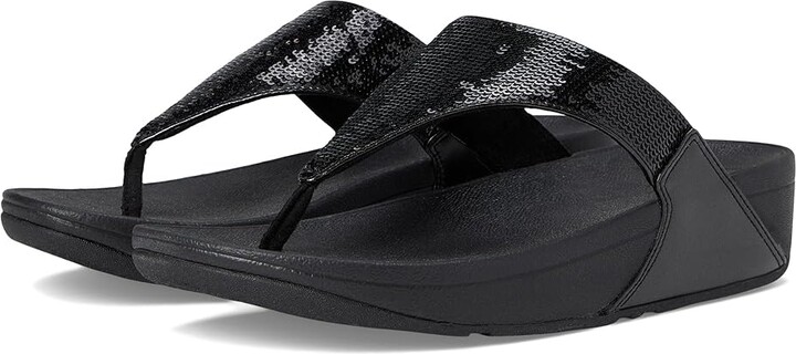 FitFlop Lulu Sequin Toe-Post Sandals Women's Wedge Shoes All Black : 10 M (B) Leather