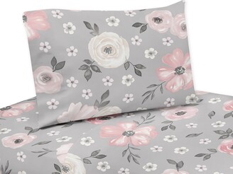 Sweet Jojo Designs Grey Watercolor Floral Collection 3-piece Twin Sheet Set - Blush Pink Gray and White Shabby Chic Rose Flower Farmhouse