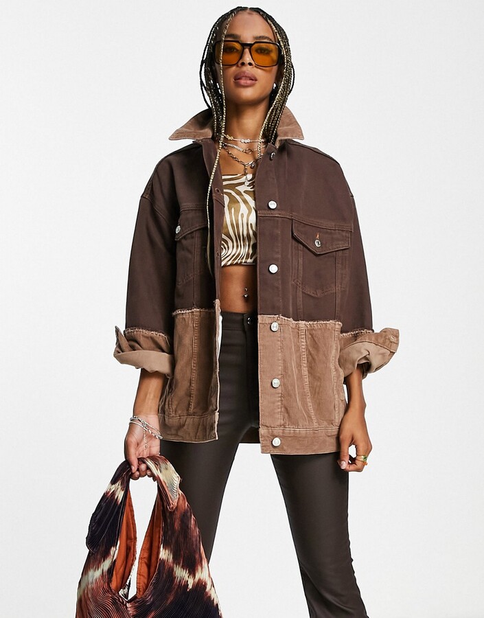 Topshop cord color block denim jacket in brown - ShopStyle