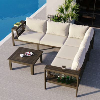 Latitude Run 4 Pieces Outdoor Acacia Wood Sofa Set Woven Mesh Armrests L-Shaped Patio Furniture Sofa Set With Coffee Table Outdoor Conversation Set With Cushion