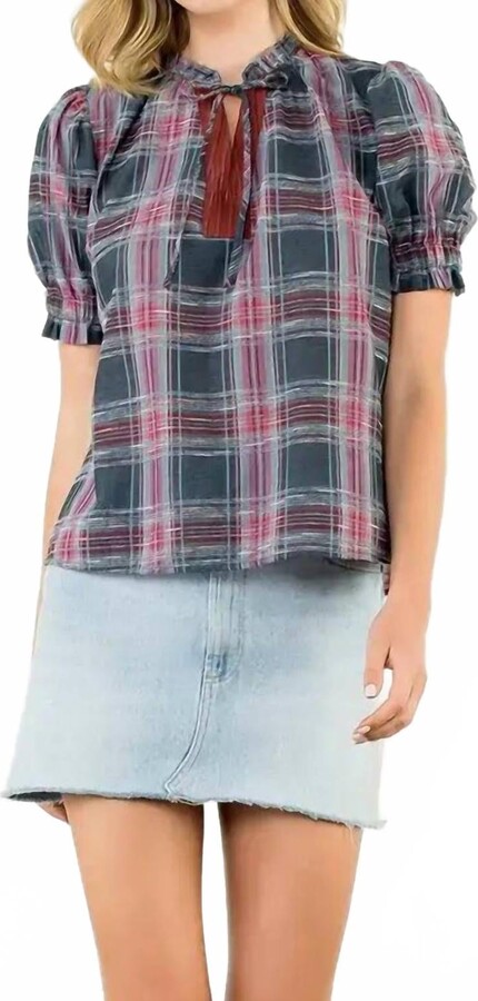 THML Catherine Plaid V Neck Top In Burgundy