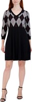 Thumbnail for your product : Sandra Darren V Neck Sweater Dresss - Black Grey, Size: Medium