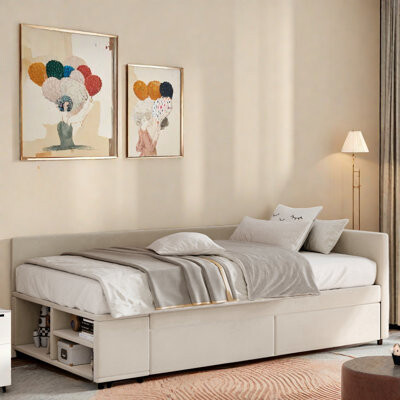 L-Shaped Upholstered Daybed With Built-In Side Storage And 2 Drawers