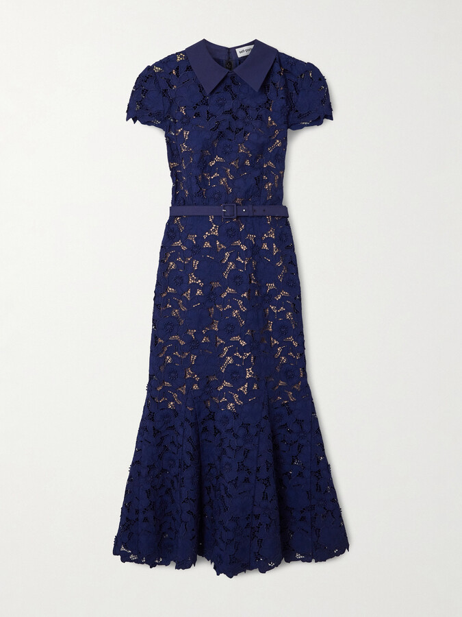 Self-Portrait Belted Guipure Lace Midi Dress - Blue