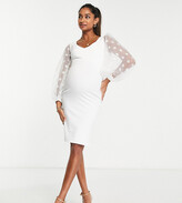 Thumbnail for your product : Queen Bee Maternity plunge front midi dress with organza sleeve in ivory