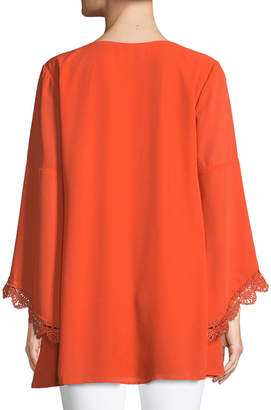 Neiman Marcus Bell-Sleeve Lace-Cuff V-Neck Tunic