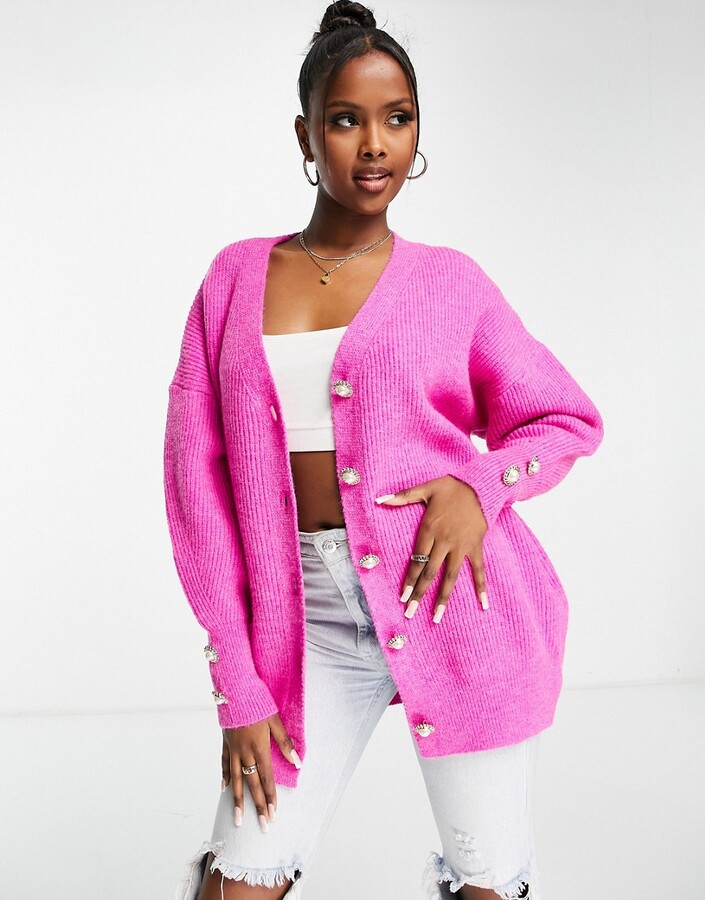 Qed London oversized cardgian with pearl buttons in bright pink - ShopStyle  Sweaters