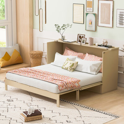 Latitude Run Full Size Murphy Bed with Large Storage Drawers Gold Finish Space-Saving Foldable Wall Bed