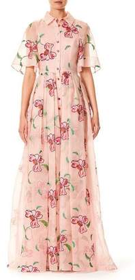 Carolina Herrera Floral-Embroidered Button-Front Short-Sleeve Evening Gown