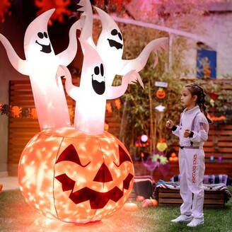 Tangkula 6FT Halloween Inflatable Decorations 3 White Ghosts on Pumpkin Spooky Halloween Blow Up Pumpkin Ghost Decor w/ Build-in LED Lights