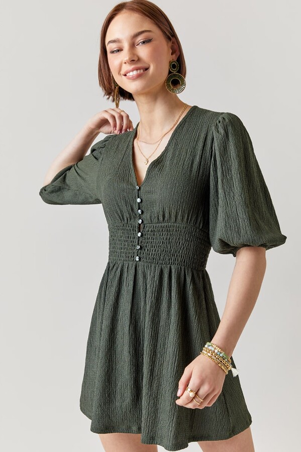 francesca's Women's Zaney Crinkle Button Front Mini Dress in Olive by Size:  S - ShopStyle