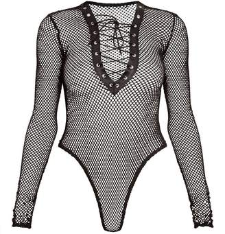PrettyLittleThing Black Fishnet Lace Up Thong Bodysuit