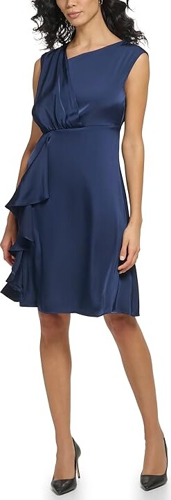 DKNY Sleeveless Ruffled Fit-and-Flare Mixed Media Dress Women's Dress Spring Navy : 8, Polyester