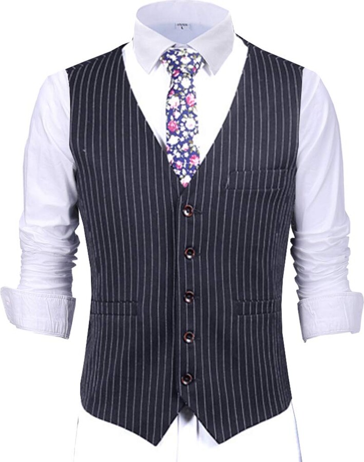 SoloveSuit Mens Formal Striped Suit Vest Solid Slim Fit Waistcoat for