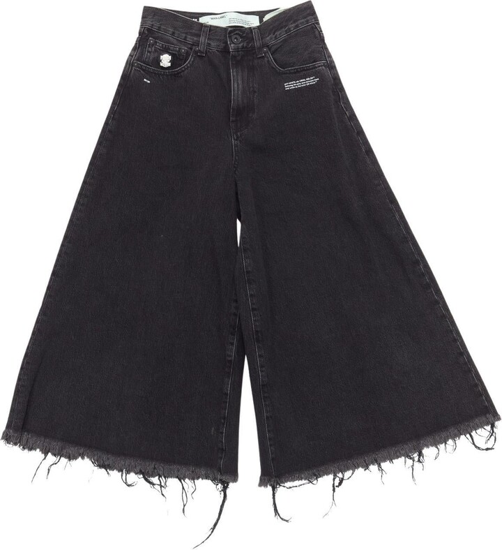 Off-White Off White C/o Black Denim Logo Pin Frayed Hem Wide Culotte Jeans Xs