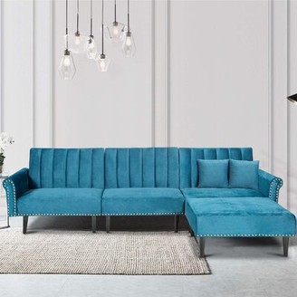 Everly Quinn Yerkes 118'' Wide Velvet Reversible Sleeper Sofa & Chaise with Ottoman Fabric: Navy Blue