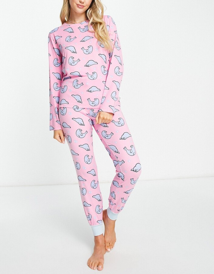 Loungeable Pink Super Soft Ribbed Trouser Pyjama Set with Star Print