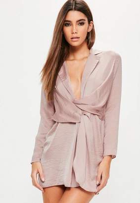 Missguided Petite Pink Hammered Satin Wrap Plunge Dress