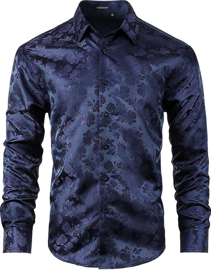 Enlision Silk Shirts for Men Navy Blue Dress Shirt Jacquard Floral Mens ...