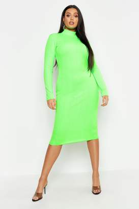 boohoo Plus Neon High Neck Long Sleeve Bandage Midi Dress
