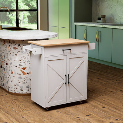 Gracie Oaks White Kitchen Island Rolling Cart With Adjustable Shelves And Towel Rack And Spice Rack Rubber Wood Tabletop