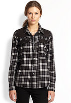 Thumbnail for your product : Current/Elliott The Western Faux Leather-Trimmed Plaid Flannel Shirt