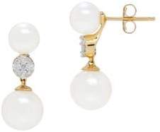 Lord & Taylor 6 - 6.6MM and 8 - 8.5MM White Round Freshwater Pearl, 0.22TCW Diamond and 14K Yellow Gold Drop Earrings