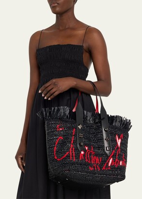Frangibus Medium Embroidered Raffia Tote Bag in Black - Christian Louboutin