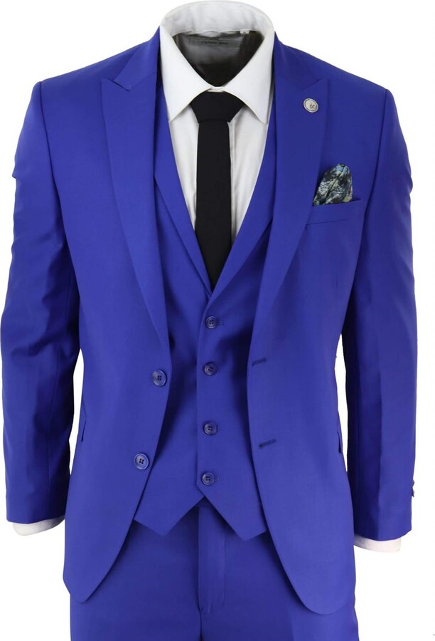 Oliver Tweed Mens 3 Piece Royal Blue Tailored Fit Complete Suit Best Man Groom Prom Wedding