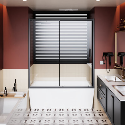 WoolWood Single Sliding Shower Door 60 In W X 62 H 1/5 Inch Tempered Glass Black Frame Construction Waterproof Design Flexible Installation Options H Clea