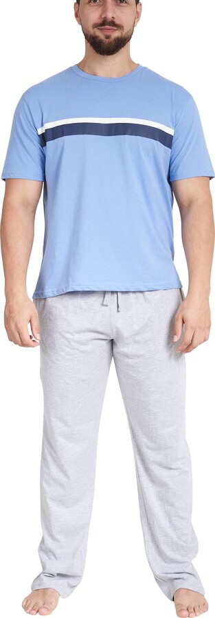 Hawiton Mens Cotton Short Sleeve Contrast Tops and Shorts Pajamas Set Crew Neck Lounge 