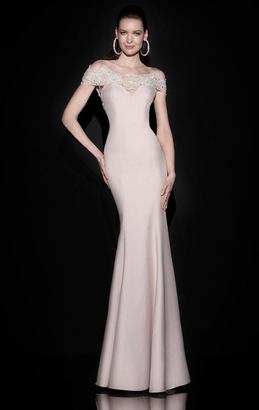 Tarik Ediz Lace Applique Off The Shoulder Illusion Gown 92499