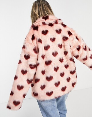 Monki Heart Faux Fur Jacket In Pink - Shopstyle
