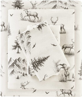 IntrospectiveIncline 4 Pcs Deer Toile 100% Cotton Flannel Queen/King/ 14" Depth With Flat 2 Pillowcases Elastic Machine Washable - No Substances For Mattresses 1 Easy Care