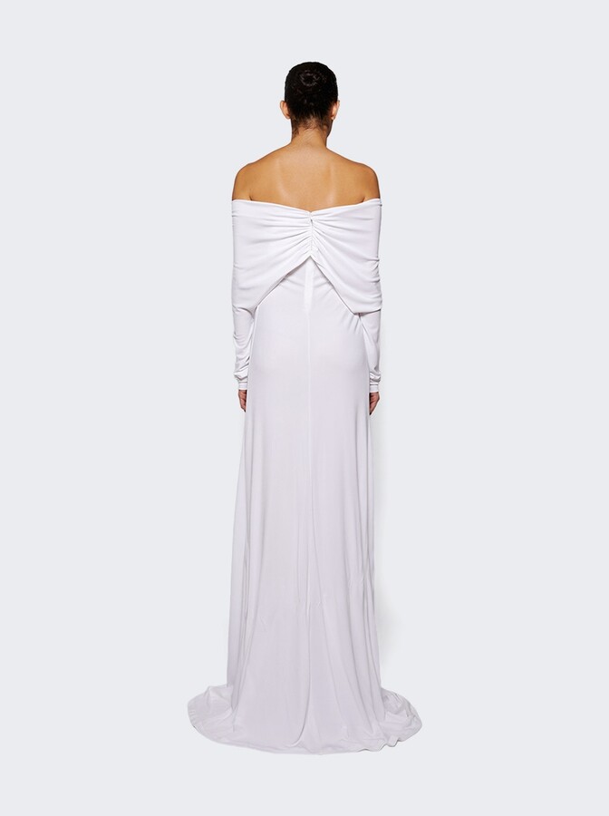 Arced Palm Strapless Shawl Gown White