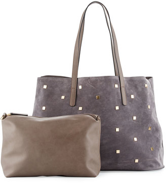 Neiman Marcus Studded Faux-Suede Tote Bag, Gray