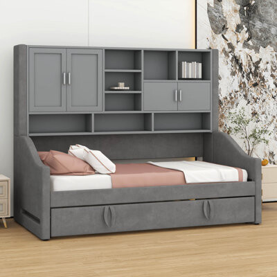 Latitude Run Twin Size Upholstered Daybed – LED Armrest Lights Storage Shelves & Built-In Cabinets