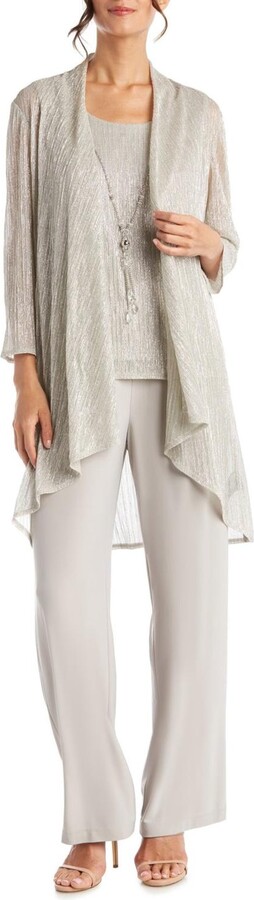 R & M Richards Metallic 3-Piece Dressy Pant Set In Champagne