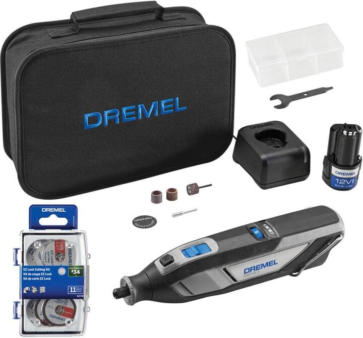 Dremel 12V Li-Ion 2 Amp Variable Speed Cordless Rotary Tool Kit with 11 PC EZ Lock Cutting Rotary Accessories Micro Kit