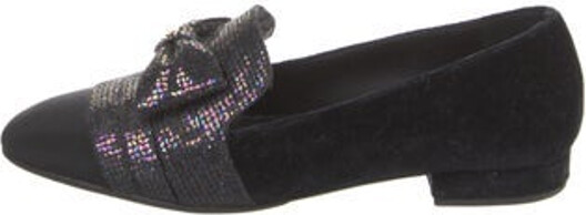 Chanel Velvet Loafers From the Pre-Fall 2018 Collection Blue Interlocking CC Logo Grosgrain, Sequin, Crystal & Bow Accents Semi-Pointed Toes Includes Box & Dust Bag Designer