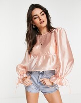 Thumbnail for your product : Fashion Union smock drop with tie sleeves in pink organza