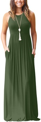 ZIOOER Women Sleeveless Solid Color Loose Plain Long Maxi Dress Casual Pockets Dresses Green X-Large