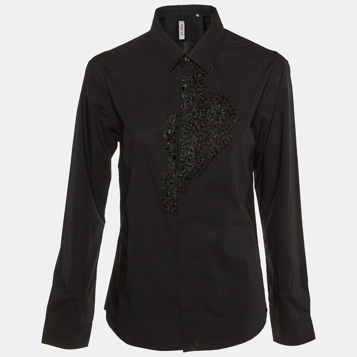 Kenzo Defile Black Cotton Ribbon Detail Button Up Shirt L