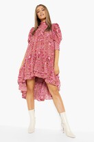 Thumbnail for your product : boohoo Printed Puff Sleeve Ruffle Neck Dip Hem Dress