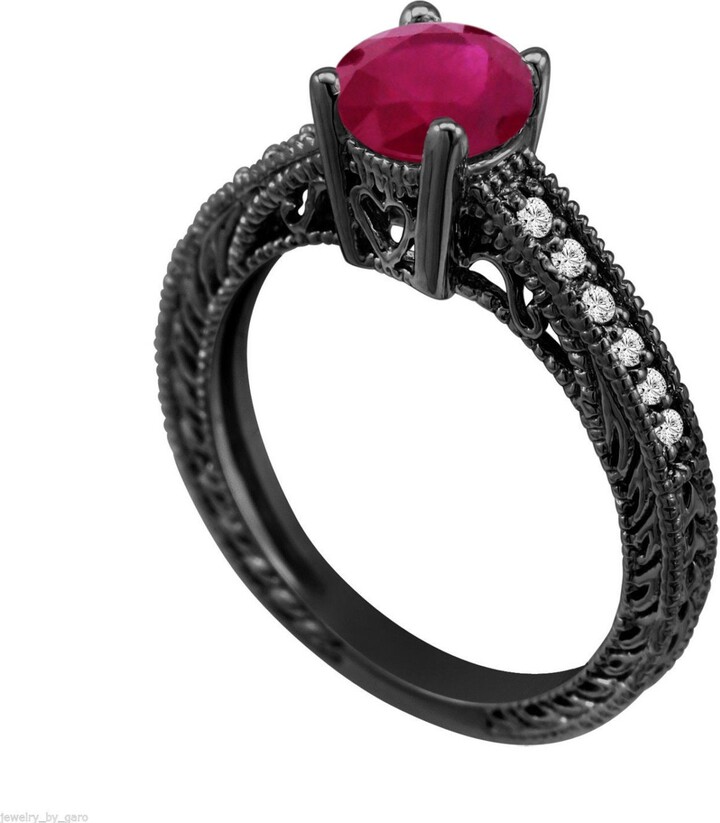 Etsy Handmade Ruby & Diamond Engagement Ring 14K Black Gold Vintage Style